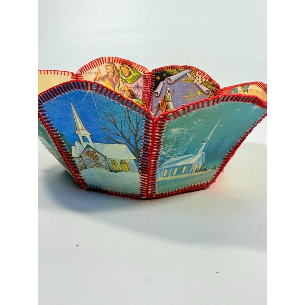 Christmas Card Basket Vintage Handmade Crochet Greeting Card Basket Bowl Christm - Picture 2 of 16
